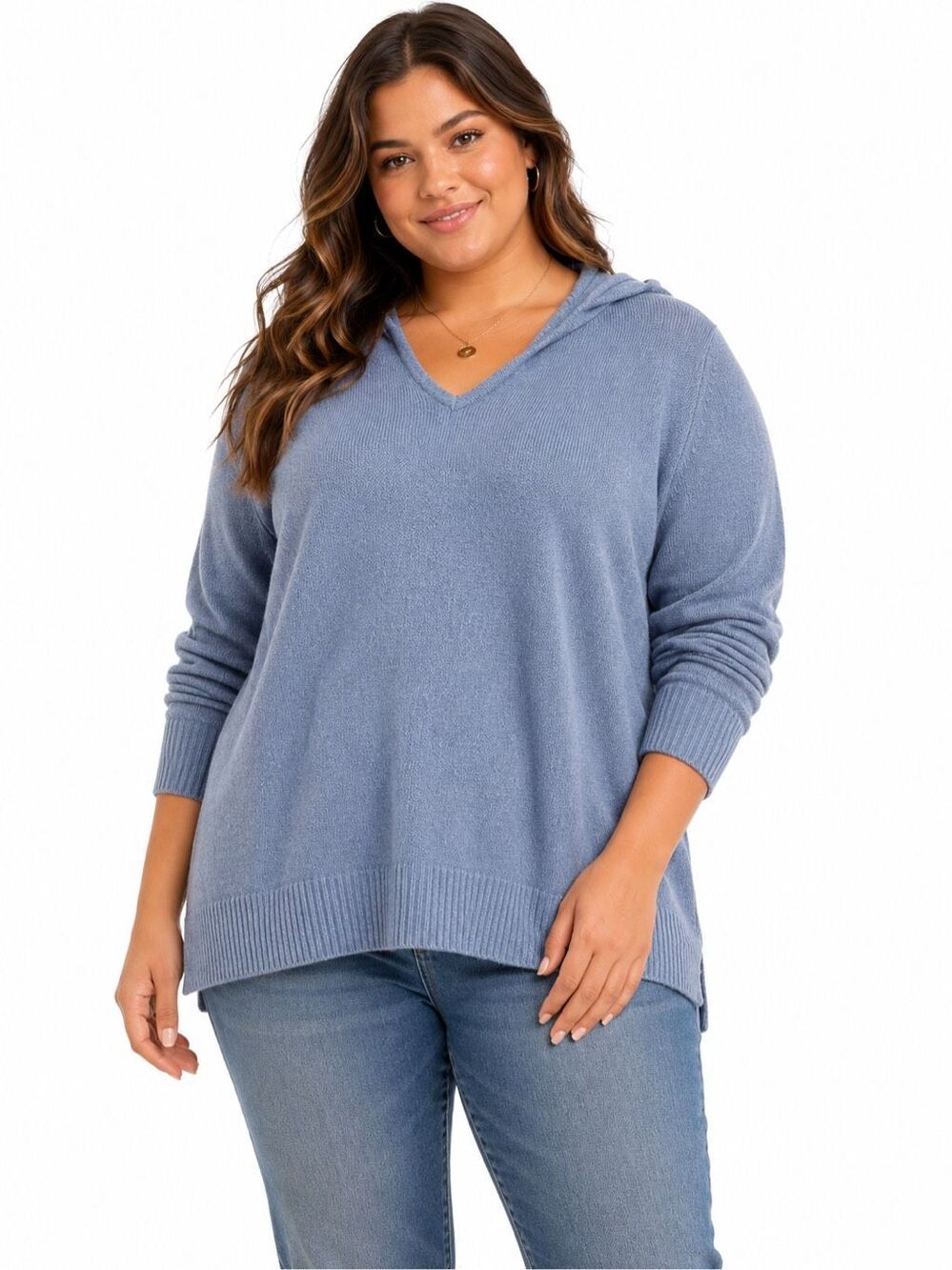 Style & Co Casual Hooded V Neck Knit Pullover Sweater Large Blue NWOT